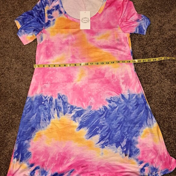NWT Oversized Gradient Print Short Sleeve Rainbow Tie Dye Loose Casual Mini Dres - Picture 3 of 10